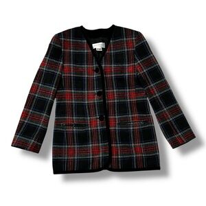 Liz Claiborne Plaid Blazer Jacket Velvet Trim Navy Red size 8 Vintage